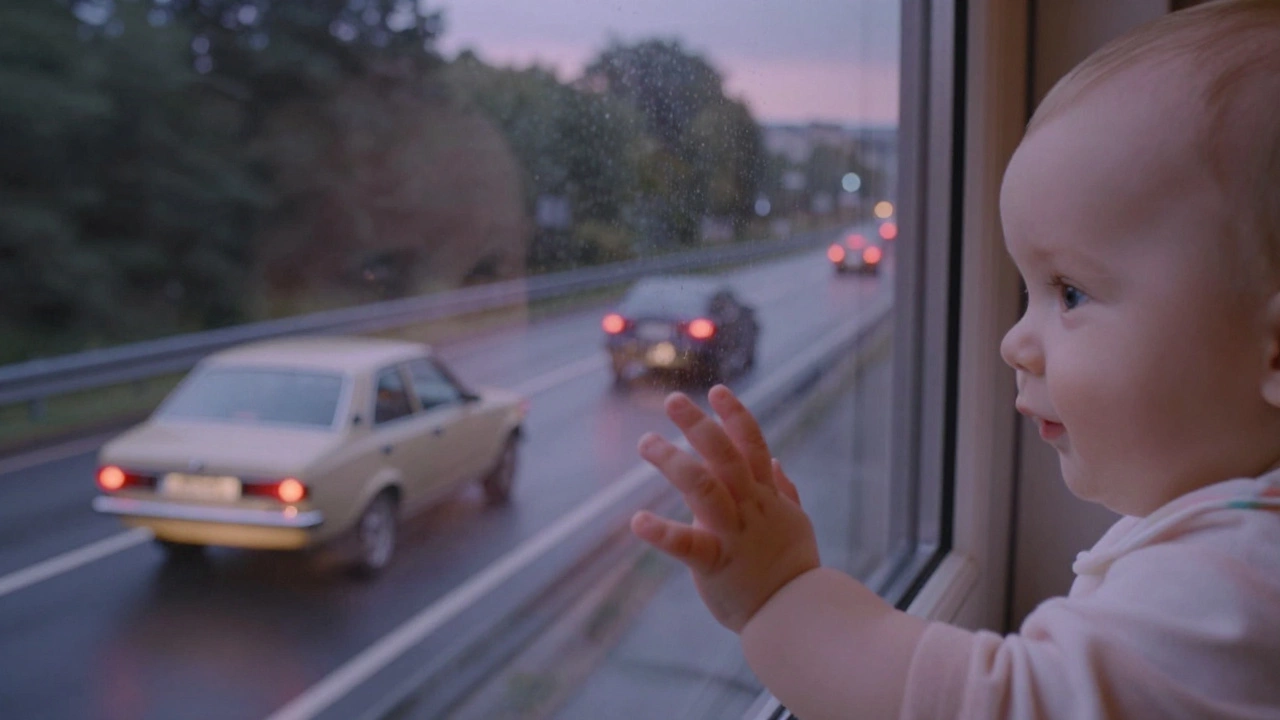 A baby’s hand reaches toward a window reflecting two cars moving in perfect rhythm at twilight.