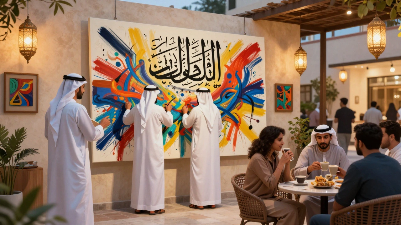 Emirati artist blending Arabic calligraphy with abstract art in Alserkal Avenue, surrounded by modern gallery lights.