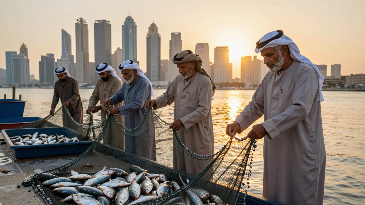 Fishermen hauling nets at dawn on Dubai Creek, with the city&#039;s skyscrapers glowing softly in the background.