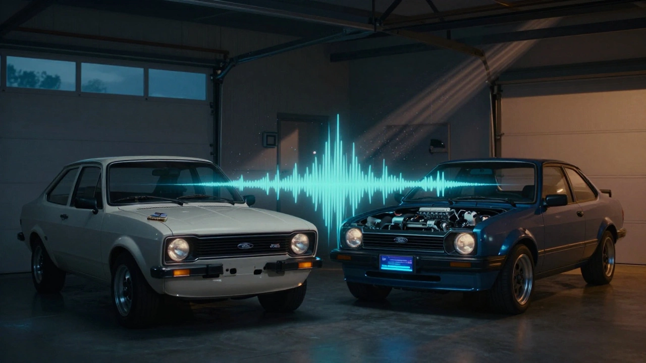Two cars from different eras sit side by side, their engine sounds visualized as overlapping soundwaves in a quiet garage.